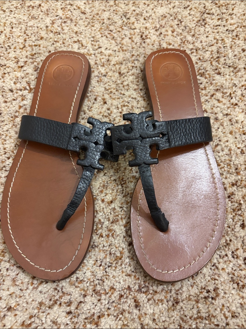 Tory Burch Black Leather Logo Thong Sandals with Brown Footbed